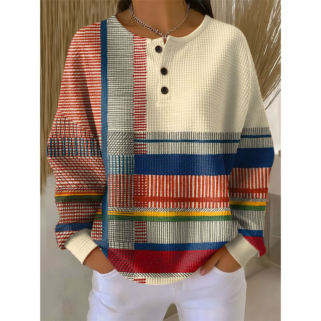 Women's Waffle Knit Henley Sweater, Red Stripe – front view