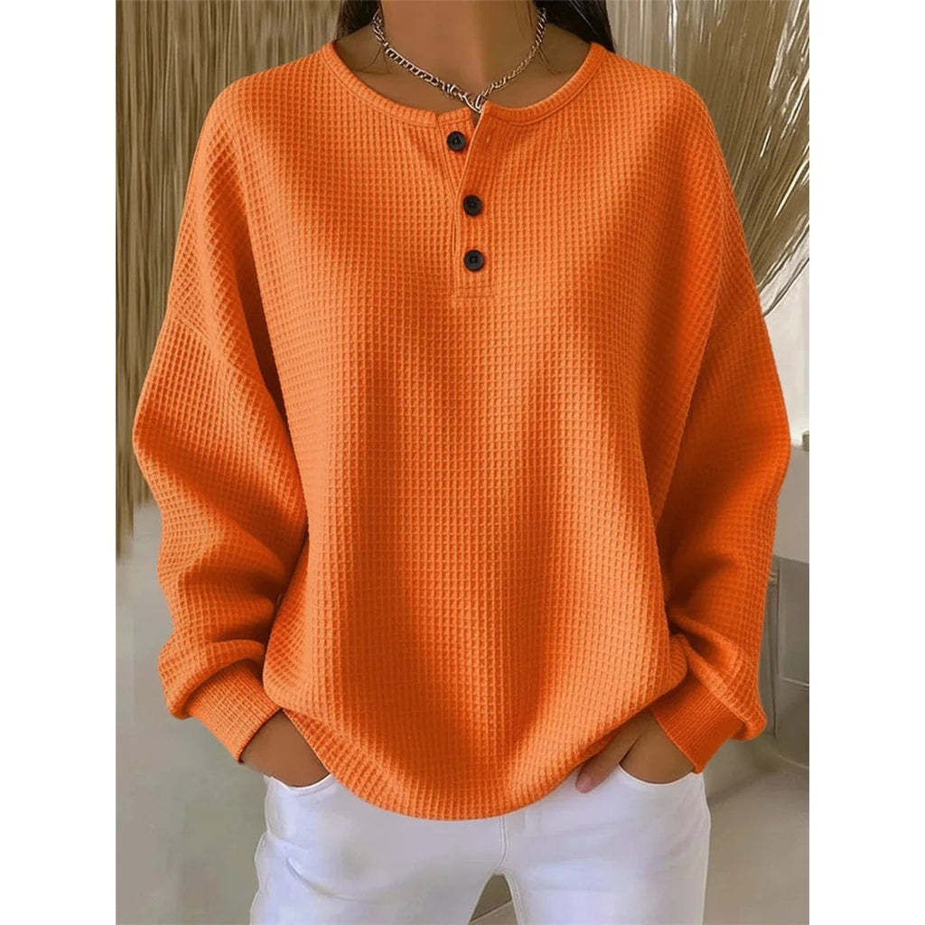 Women's Waffle Knit Henley Sweater, Orange – front view