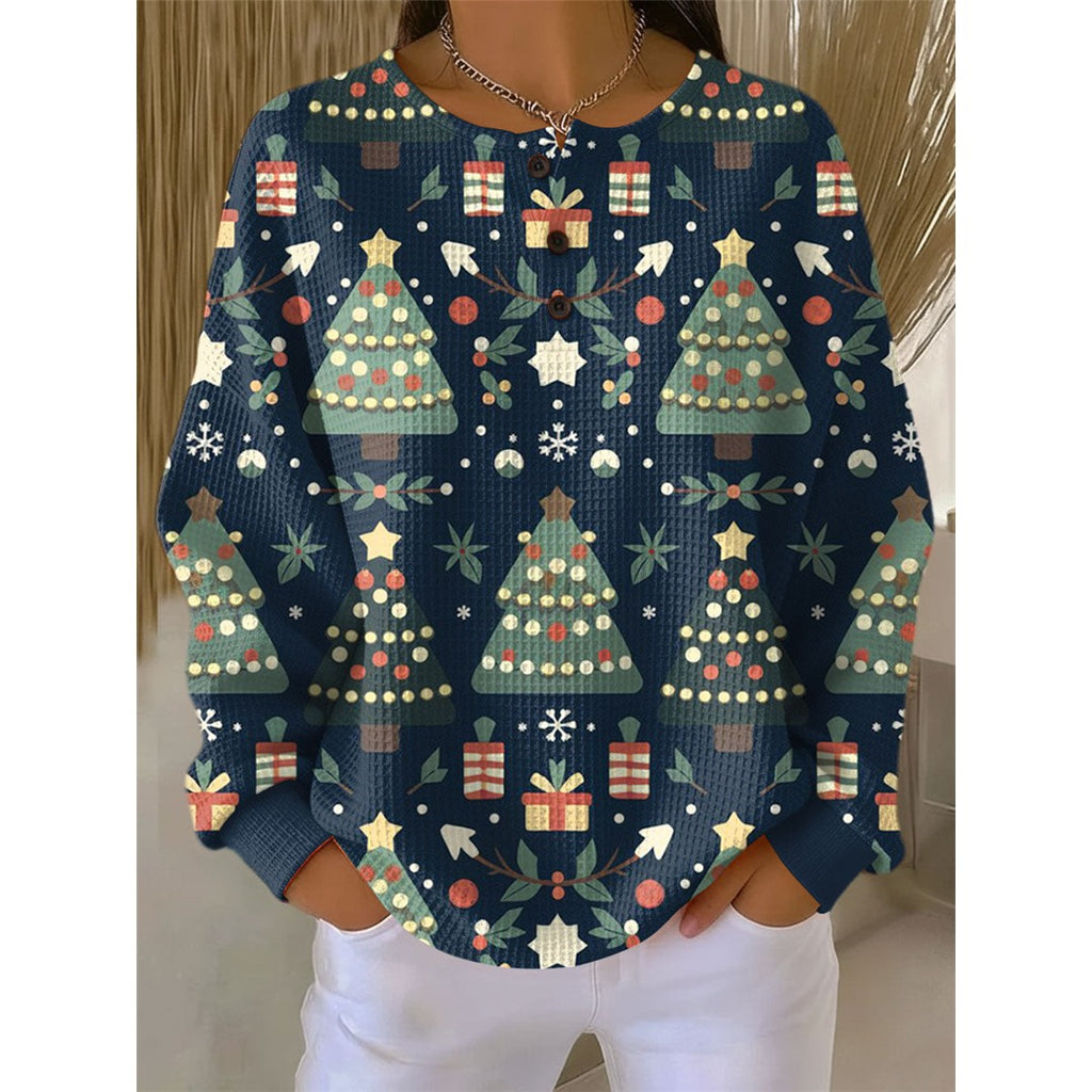 Women's Waffle Knit Henley Sweater, Navy Christmas Tree – front view
