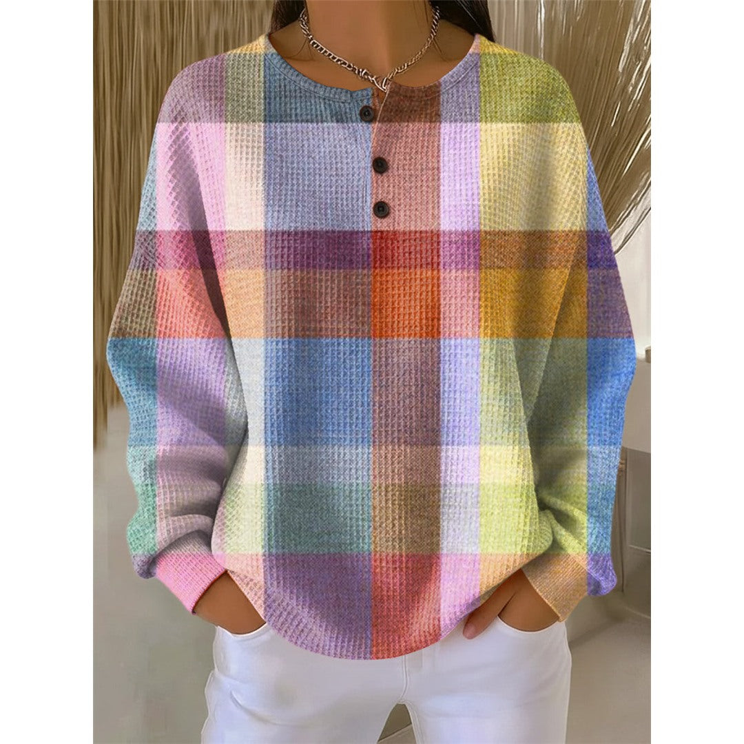 Women's Waffle Knit Henley Sweater, Pastel Plaid – front view