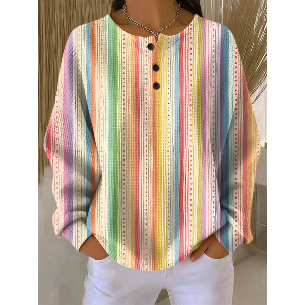 Women's Waffle Knit Henley Sweater, Rainbow Stripe – front view