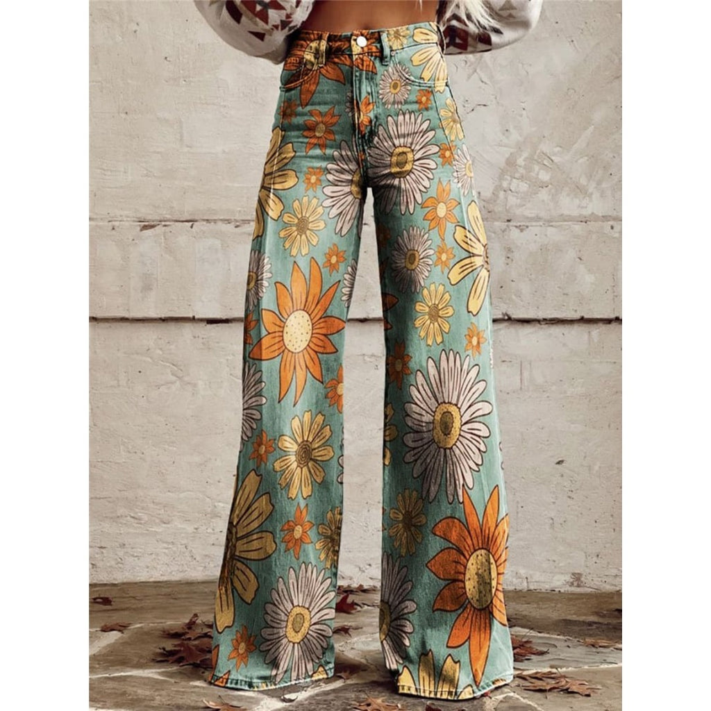 Women's Wide Leg Floral Print Trousers, Teal Floral – front view