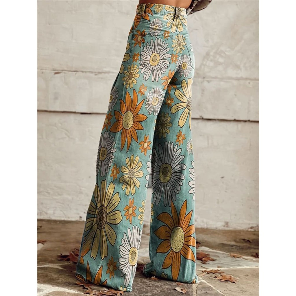 Women's Wide Leg Floral Print Trousers, Teal Floral – view 2