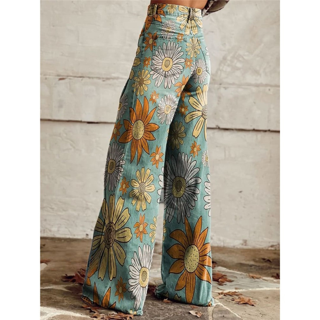 Women's Wide Leg Floral Print Trousers, Teal Floral – view 2