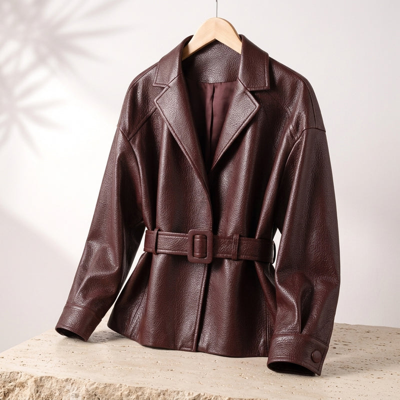 Women's Belted Jacket with Notch Lapel in Brown