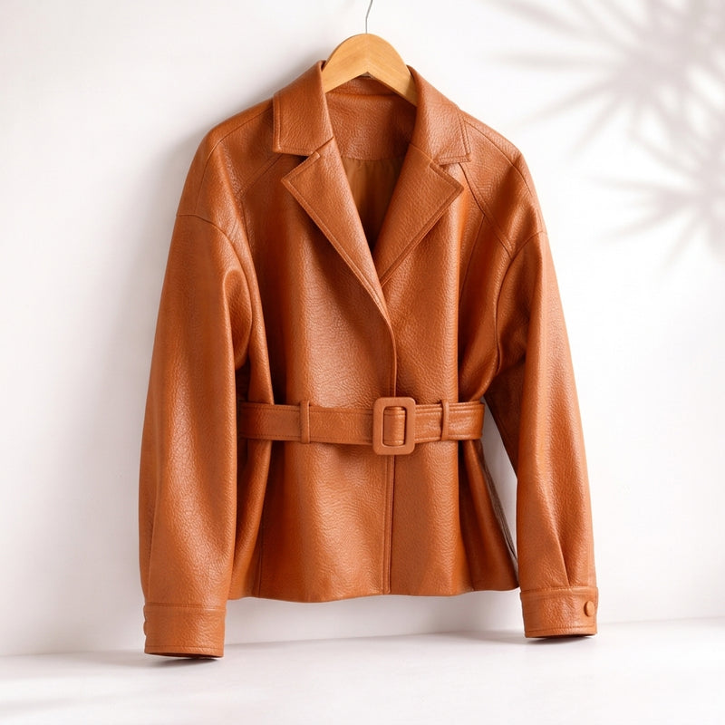 Women's Belted Jacket with Notch Lapel in Orange