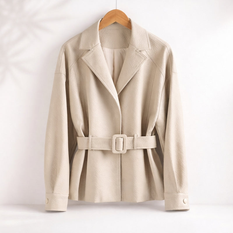 Women's Belted Jacket with Notch Lapel in Cream