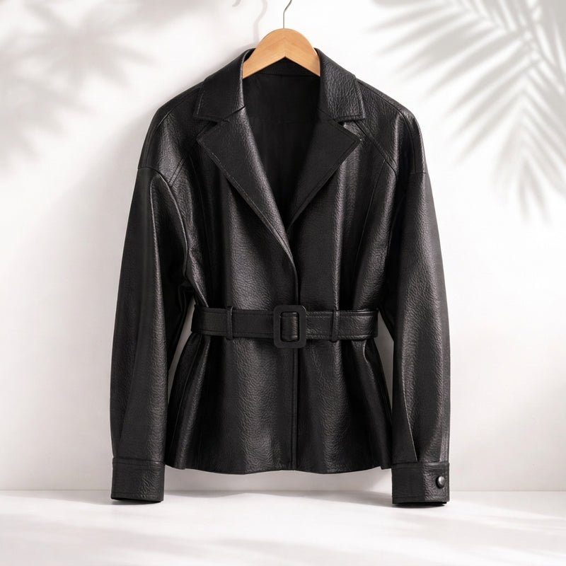 Women's Belted Jacket with Notch Lapel in Black