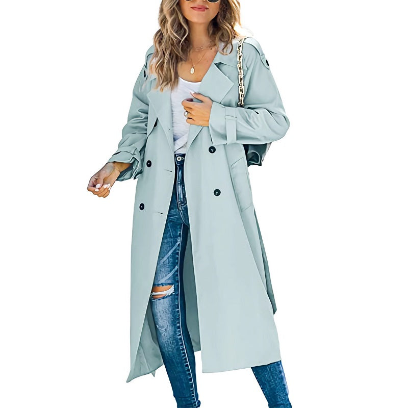 Women's Belted Longline Trench Coat in Light Blue