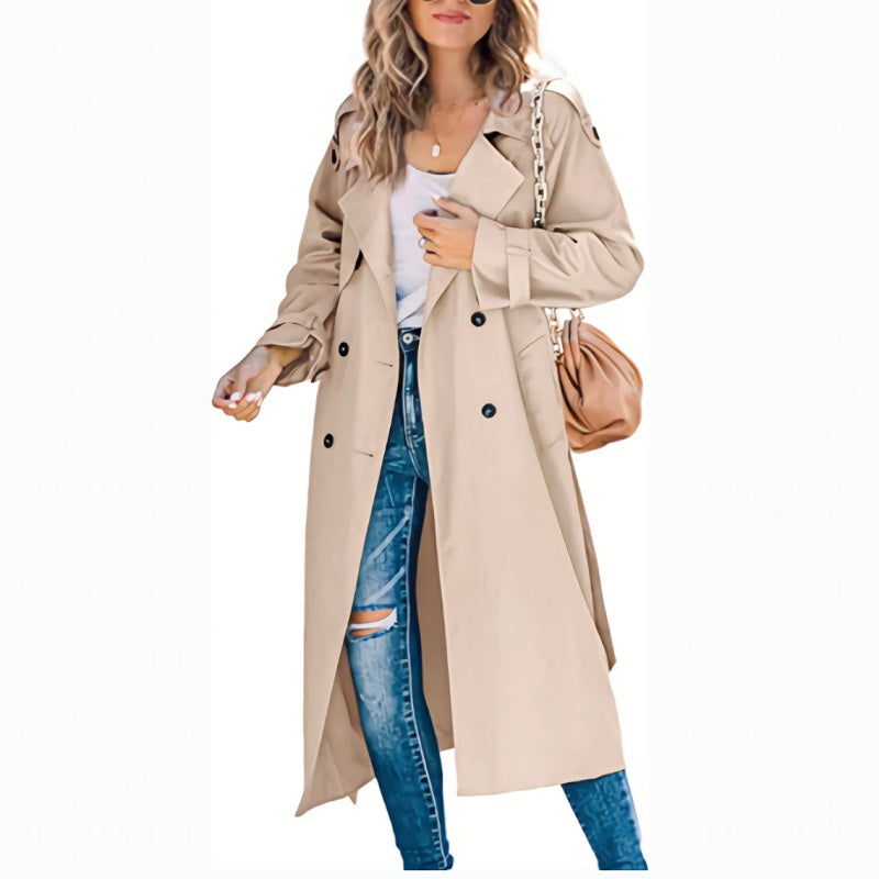 Women's Belted Longline Trench Coat in Khaki