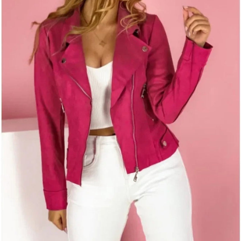 Women's Biker Jacket with Turn-Down Collar in Pink