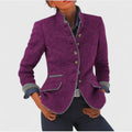 Woman wearing a purple button front knit blazer cardigan