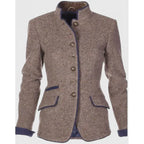 Caramel knit blazer cardigan with stand collar and buttons