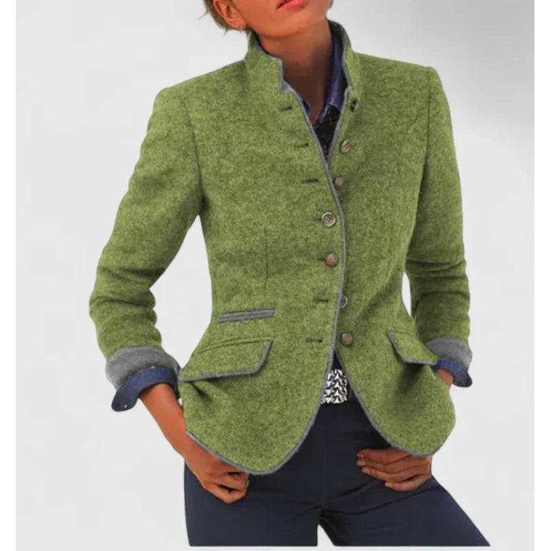 Woman wearing a green button front knit blazer cardigan