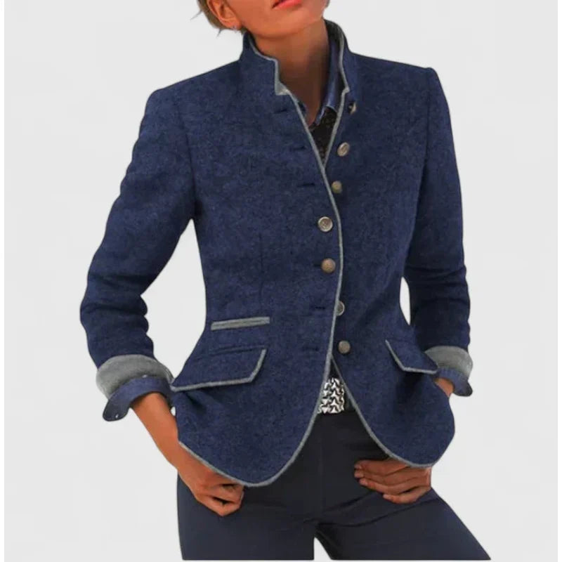 Woman in a navy blue button front knit blazer cardigan