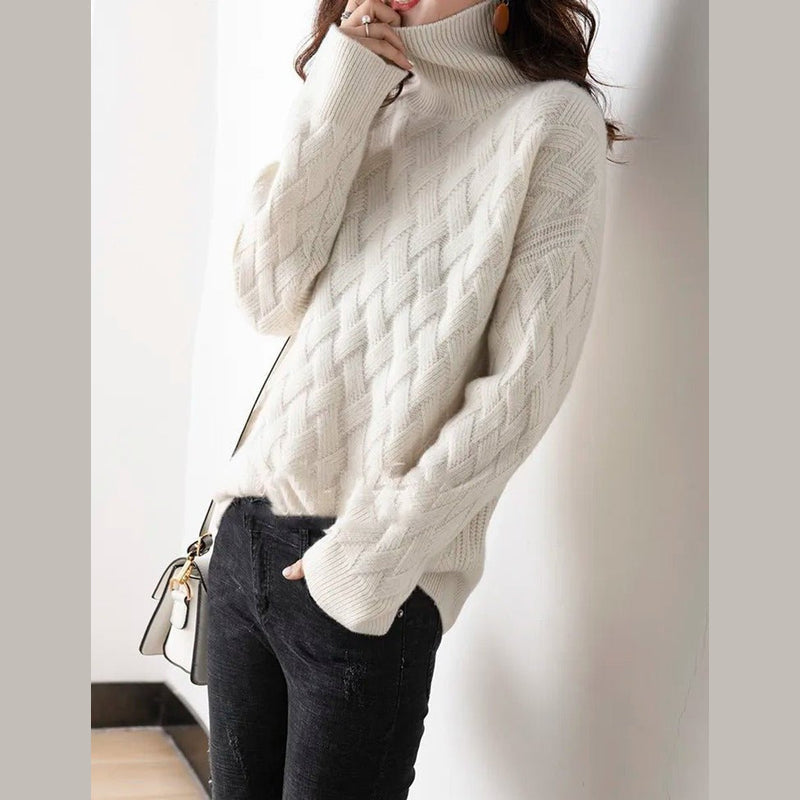 Women's cable knit turtleneck sweater – styled view 1