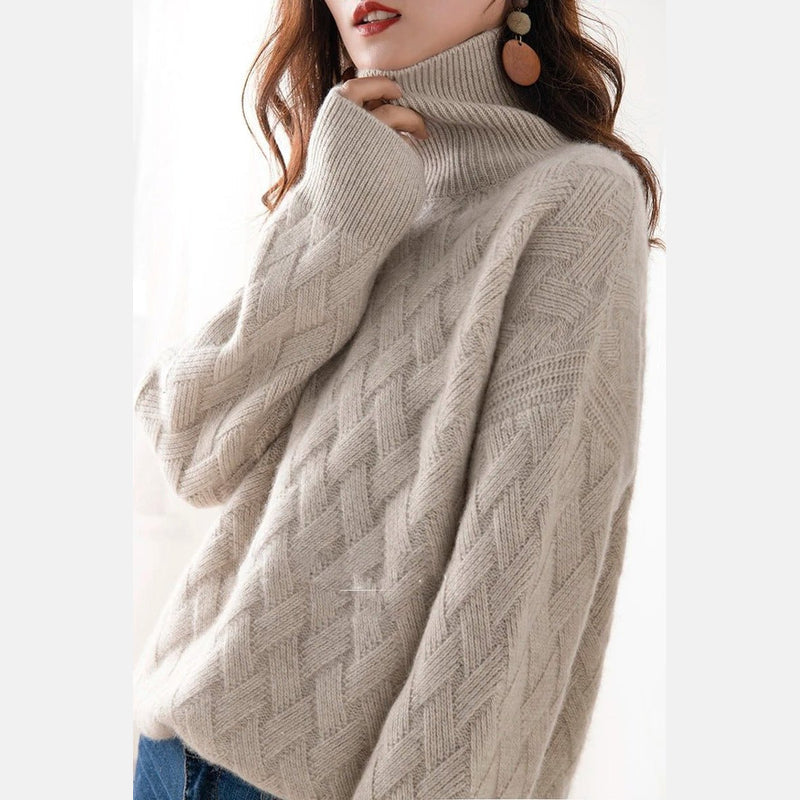 Women's cable knit turtleneck sweater in beige – front view