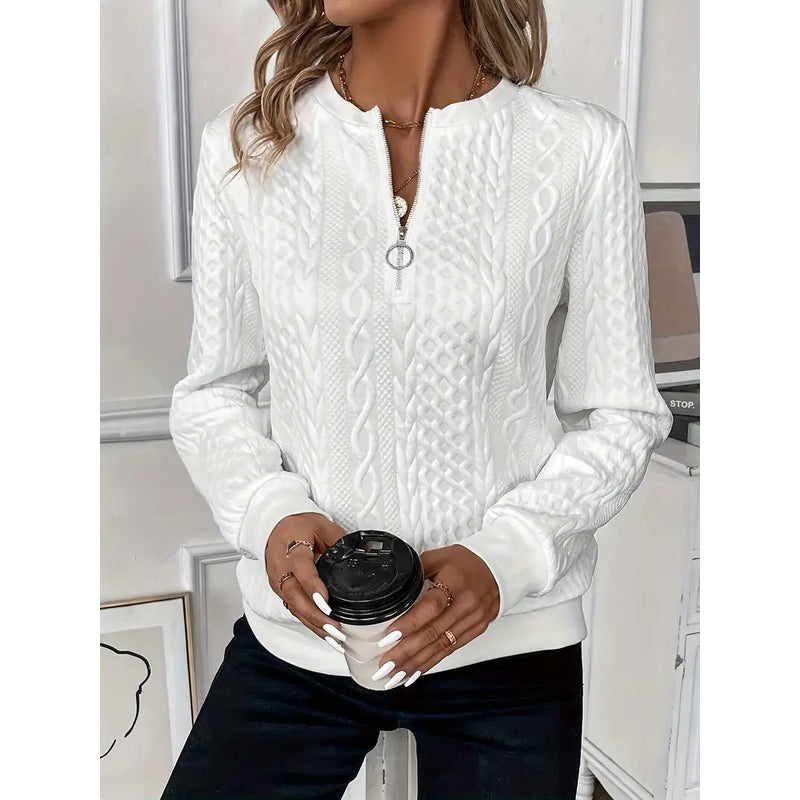 Women's Cable Textured Pullover with Zip Neck in White