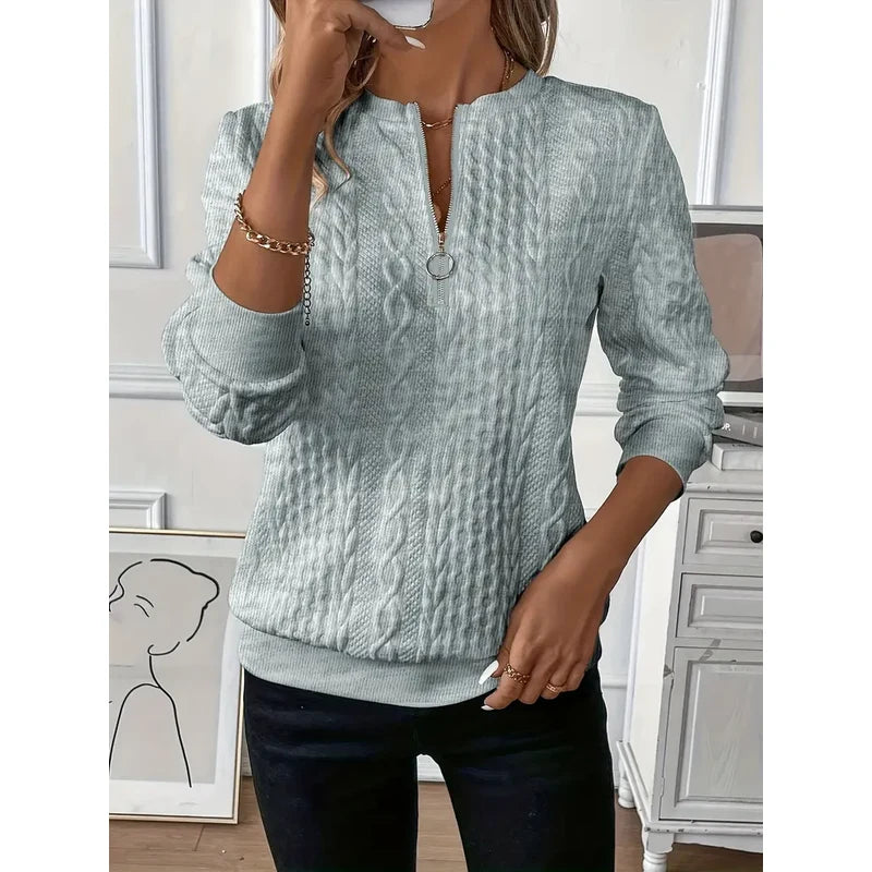 Women's Cable Textured Pullover with Zip Neck in Gray