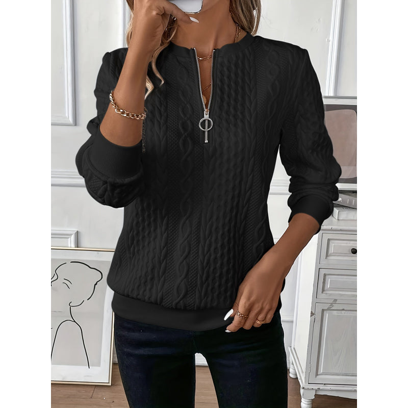 Women's Cable Textured Pullover with Zip Neck in Black