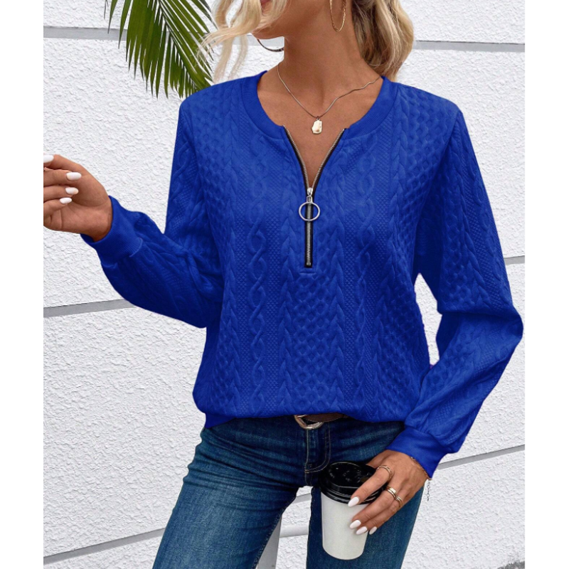 Women's Cable Textured Pullover with Zip Neck in Blue