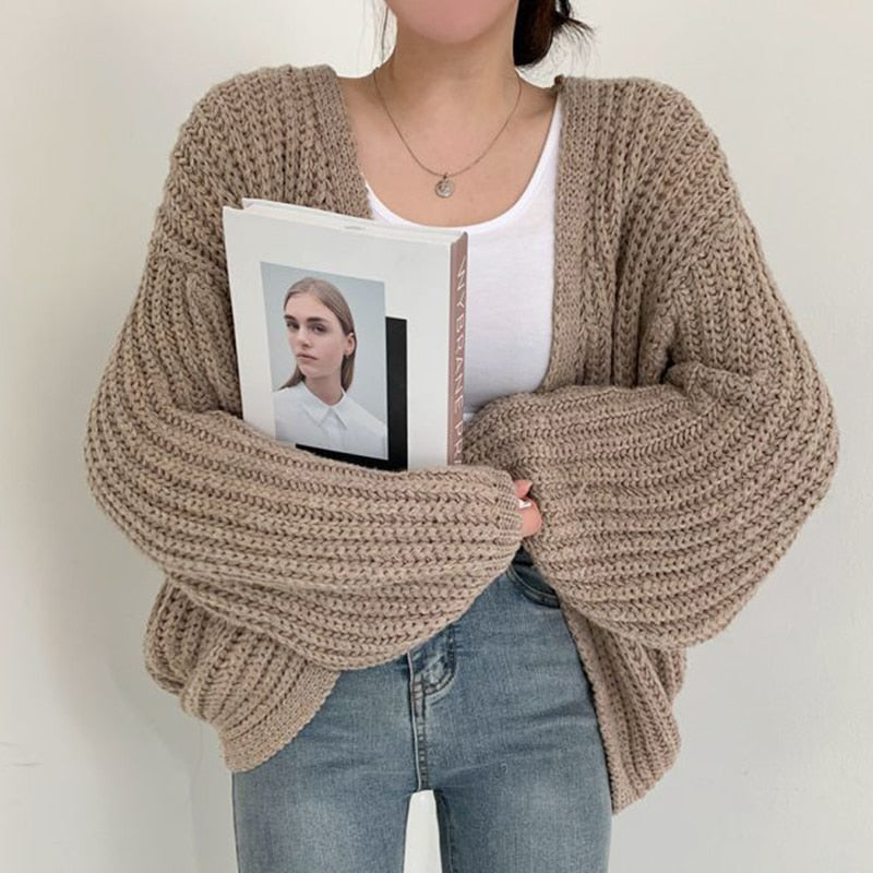 Women's Chunky Knit Open Front Cardigan in Khaki