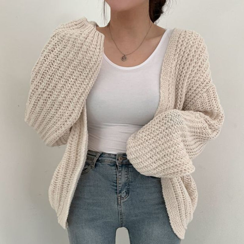 Women's Chunky Knit Open Front Cardigan in White