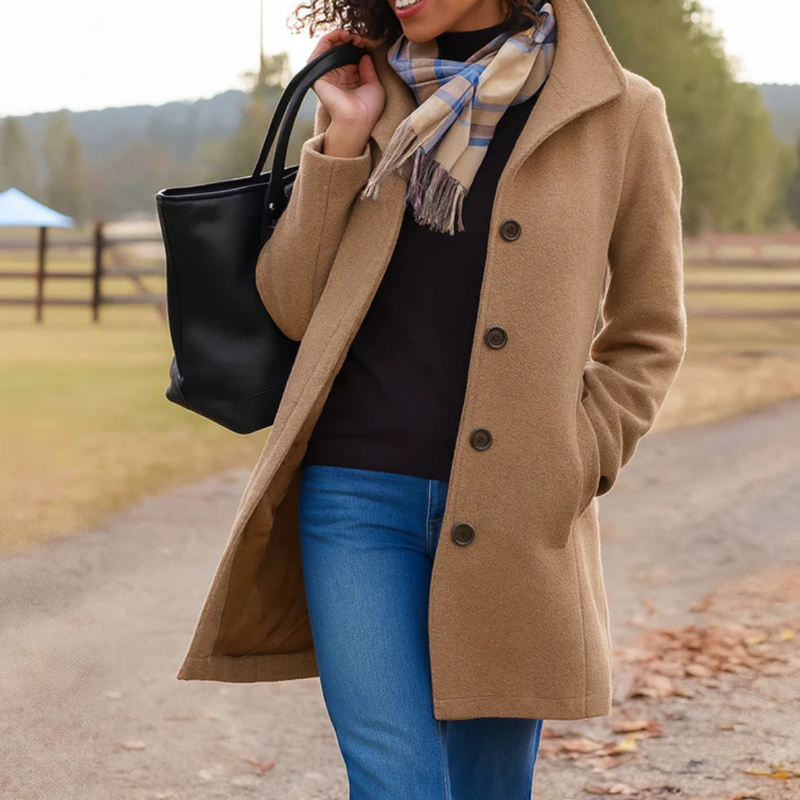 Woman wearing a khaki button front winter coat outdoors