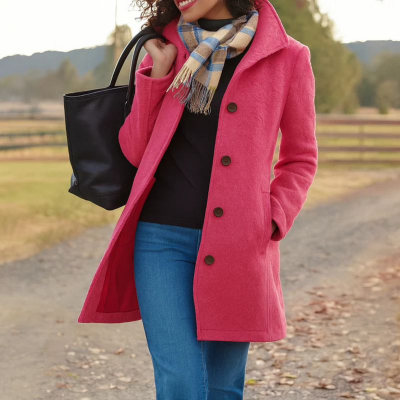 Woman in a pink button front winter coat