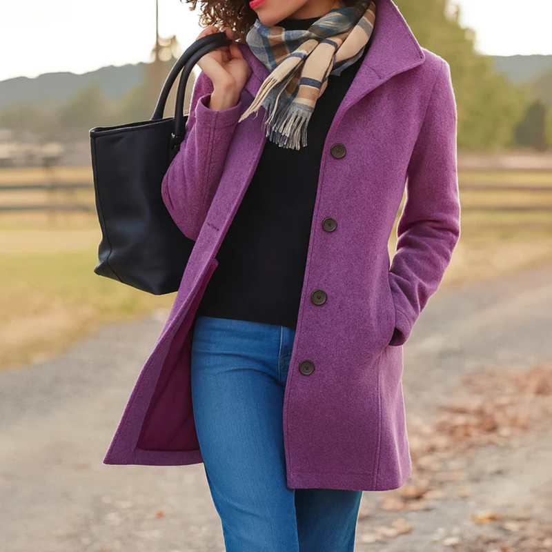 Woman in a purple long button front winter coat