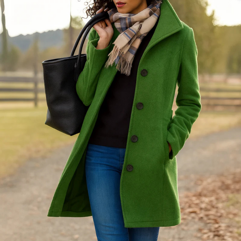Woman wearing a moss green classic winter coat