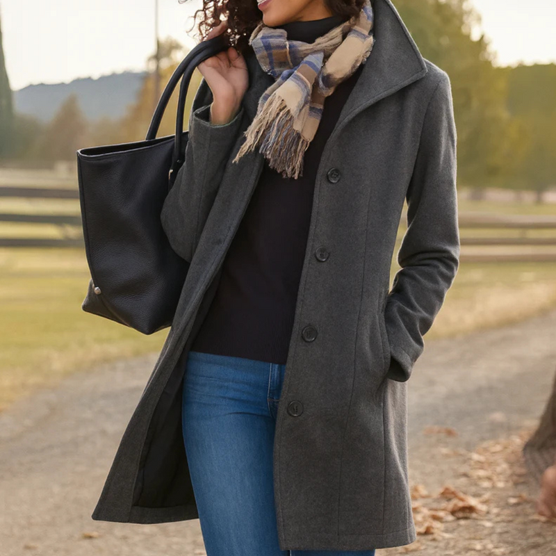 Woman in a dark gray button front winter coat with scarf