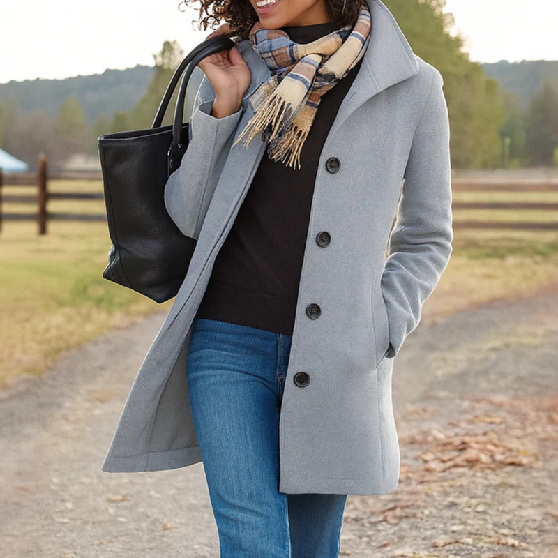 Woman in a light gray long winter coat