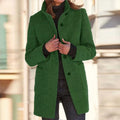 Women's classic coat with stand collar in green – front view