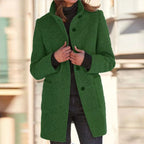 Women's classic coat with stand collar in green – front view