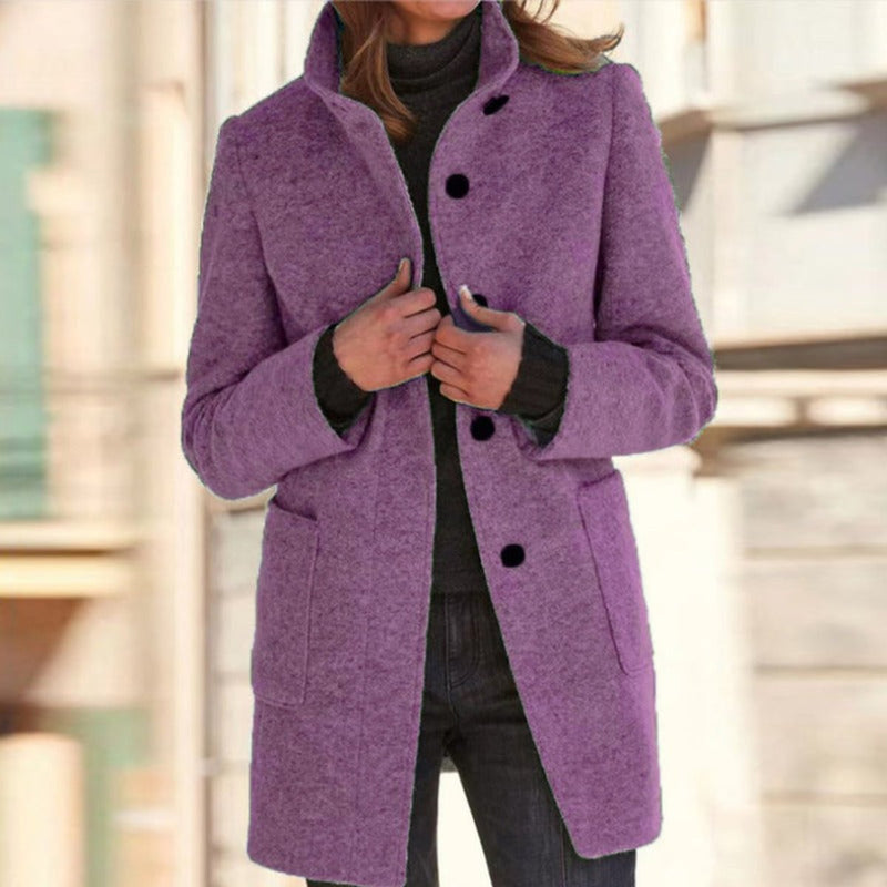 Women's classic coat with stand collar in purple – front view
