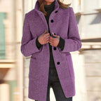 Women's classic coat with stand collar in purple – front view