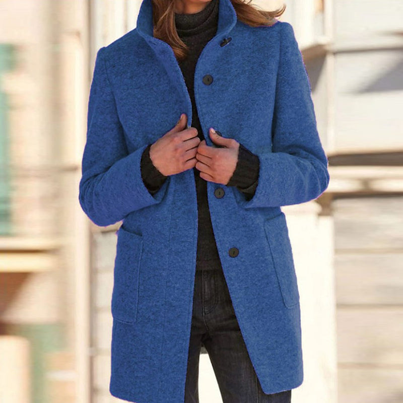Women's classic coat with stand collar in blue – front view