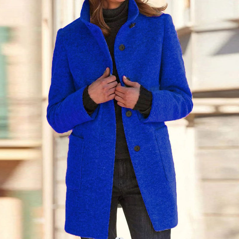Women's classic coat with stand collar in royal blue – front view