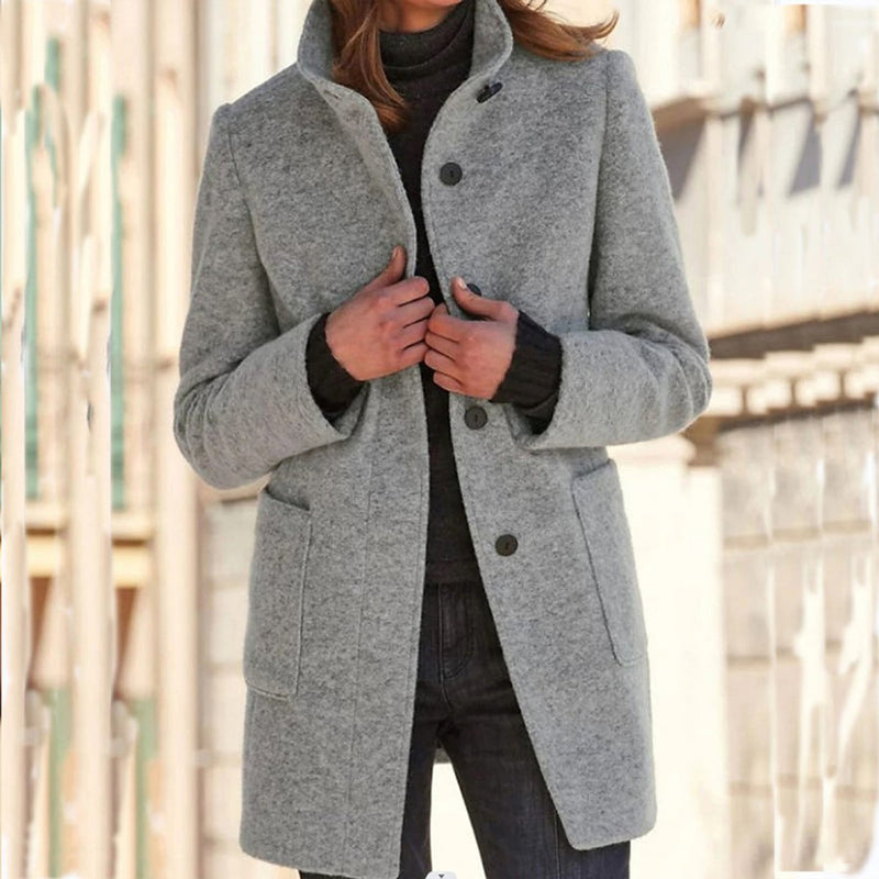Women's classic coat with stand collar in gray – front view