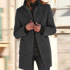 Women's classic coat with stand collar in charcoal – front view