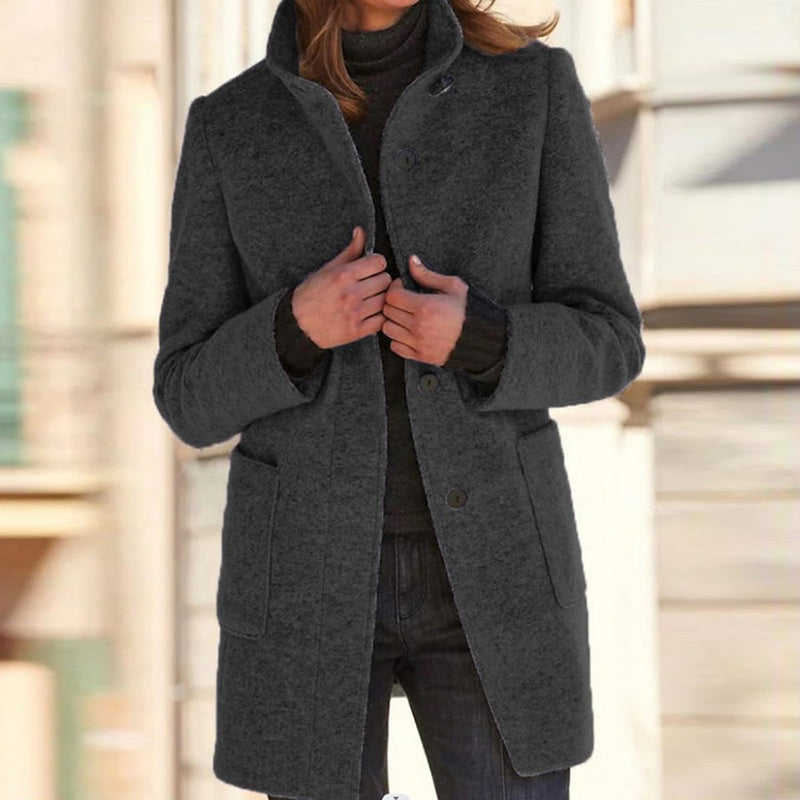 Women's classic coat with stand collar in charcoal – front view