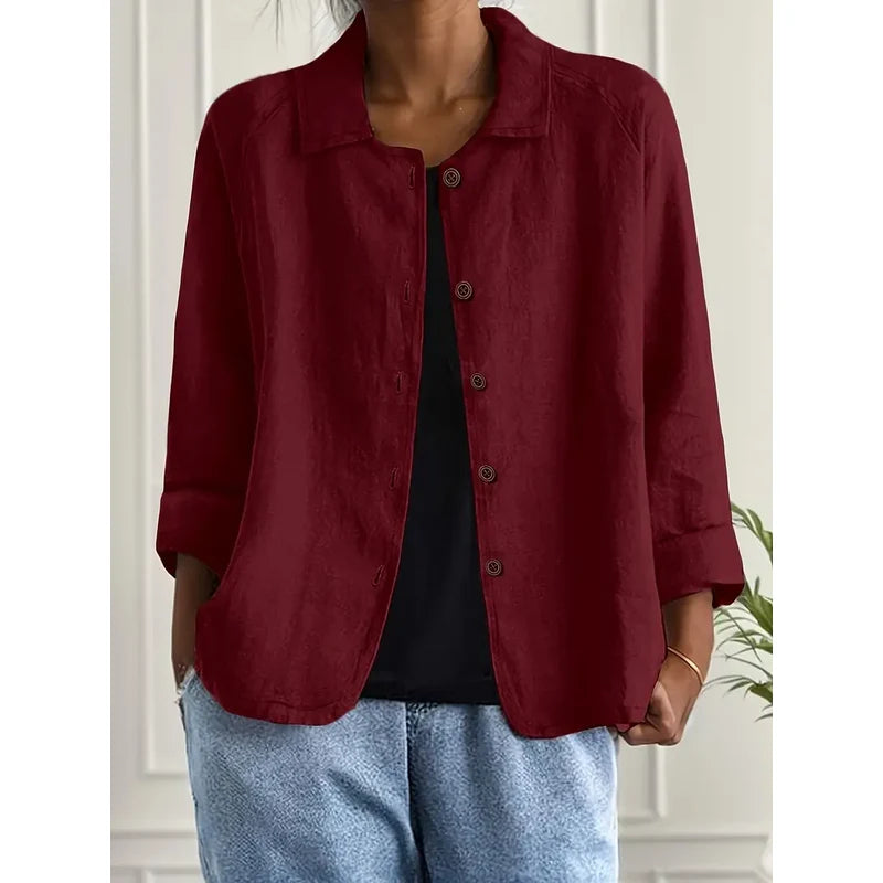 Women's Collared Shirt Cardigan with Button Front in Dark Red