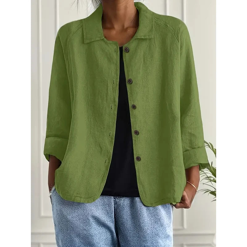 Women's Collared Shirt Cardigan with Button Front in Green