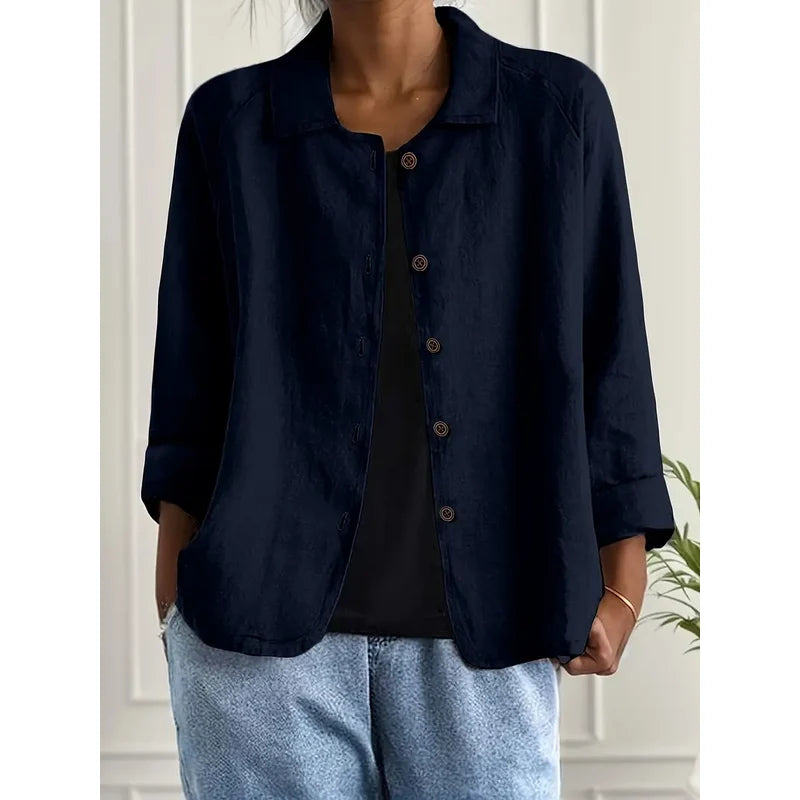 Women's Collared Shirt Cardigan with Button Front in Dark Blue