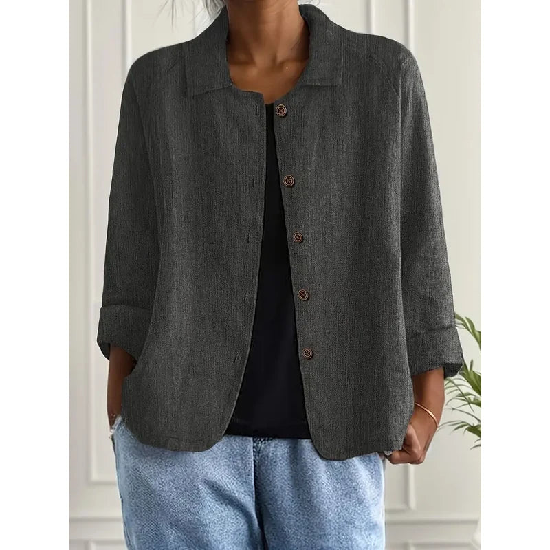Women's Collared Shirt Cardigan with Button Front in Dark Gray