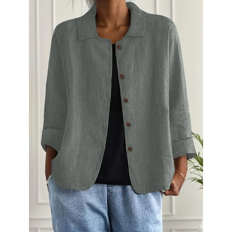 Women's Collared Shirt Cardigan with Button Front in Gray