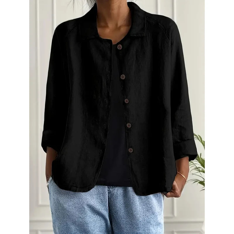 Women's Collared Shirt Cardigan with Button Front in Black