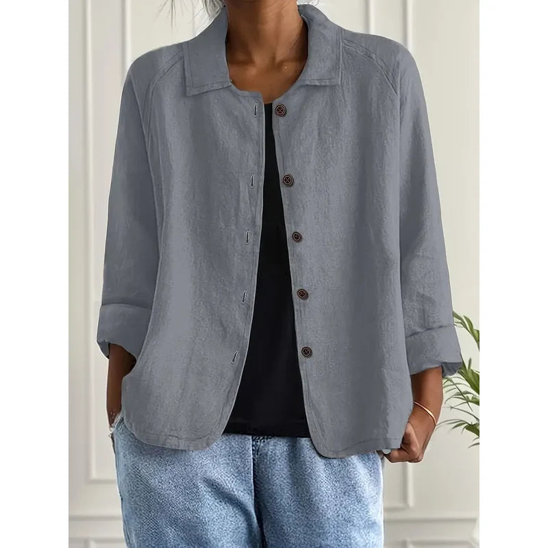 Women's Collared Shirt Cardigan with Button Front in Light Gray