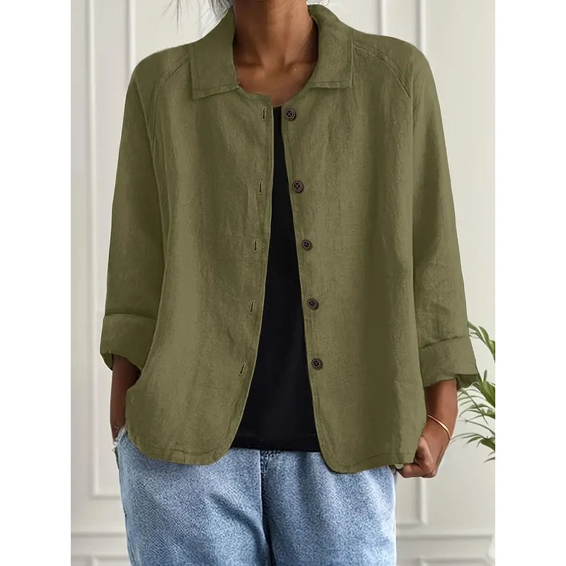 Women's Collared Shirt Cardigan with Button Front in Olive Green